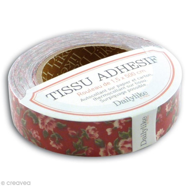 Masking tape tissu - Shabby rouge avec roses Daily Like x 5 m - Photo n°1