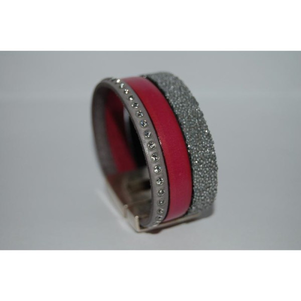 Bracelet manchette en cuir gris et rose - Photo n°1