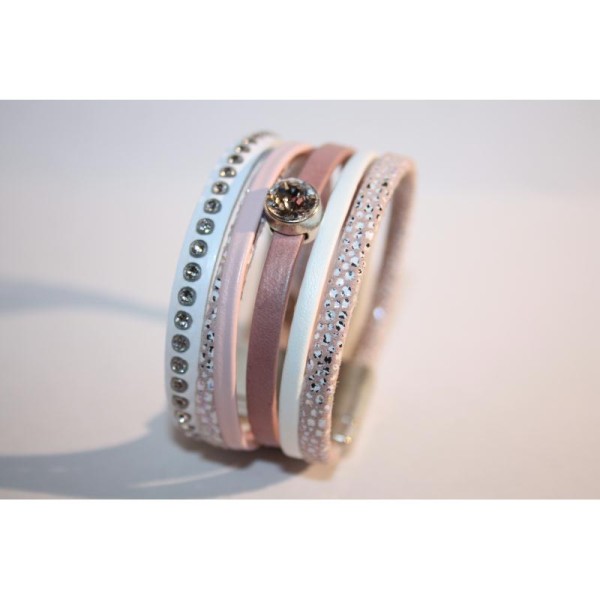 Bracelet manchette en cuir rose et blanc - Photo n°1