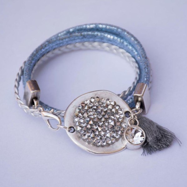 Bracelet 2 tours bleu et argenté avec Swarovski - Photo n°1