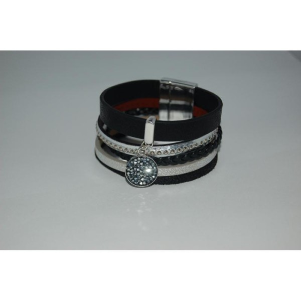 Bracelet manchette en cuir argenté et noir, Swarovski & aile - Photo n°1