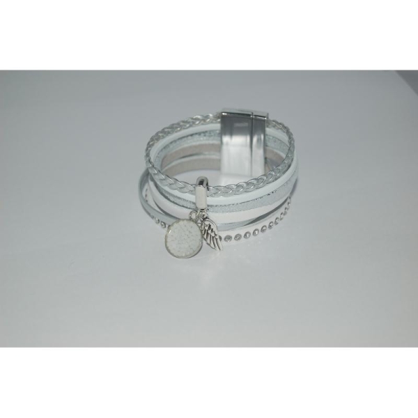 Bracelet manchette en cuir argenté et blanc, Swarovski & aile - Photo n°1
