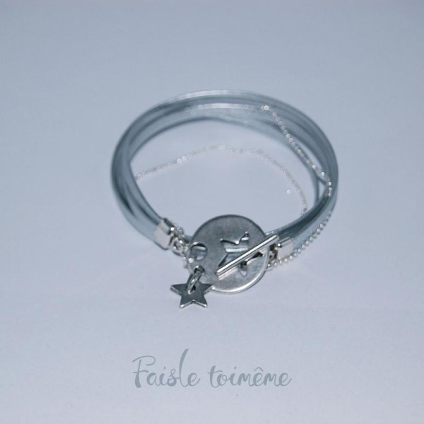 Bracelet en cuir, chaîne serpentine  - fermoir toggle étoile argenté - Photo n°1