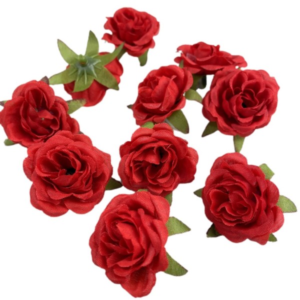 Lot de 10 Têtes de Rose Rouge artificielle, diamètre 3 cm, fleurs en tissu - Photo n°1
