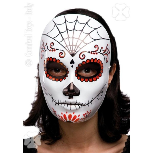Masque seul blanc décor squelette mexicain noir et rouge - Photo n°1