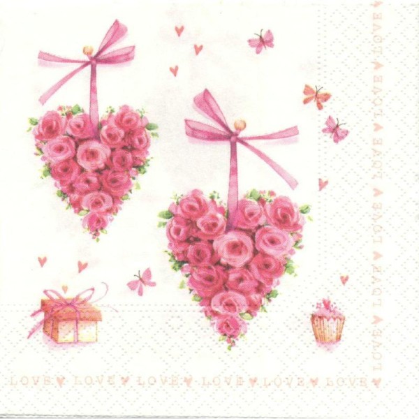 4 Serviettes en papier Cœur de Roses Format Cocktail - Photo n°1