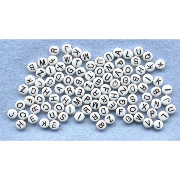 LOT 100 PERLES RONDES BLANCHES : lettres noires 6mm - Photo n°1