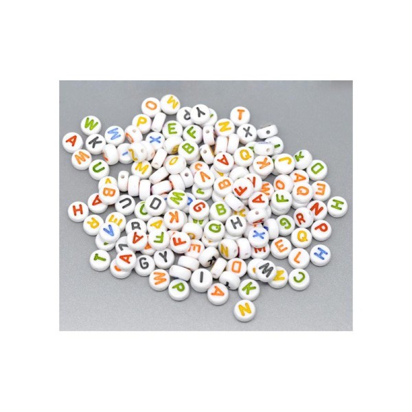 LOT 100 PERLES RONDES BLANCHES : lettres couleurs 6mm - Photo n°1