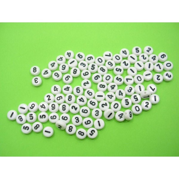 LOT 100 PERLES RONDES BLANCHES : chiffres noires 7mm - Photo n°1