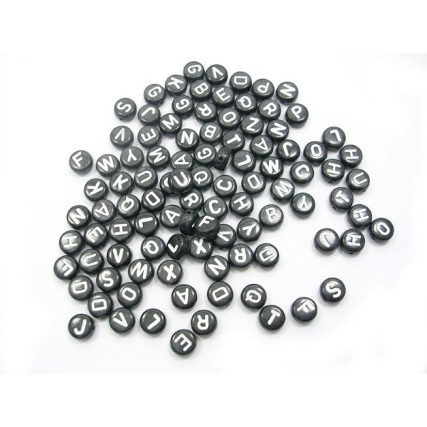LOT 100 PERLES RONDES NOIRES : lettres blanches 7mm - Photo n°1
