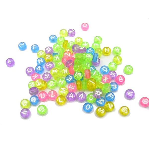 LOT 100 PERLES RONDES MULTICOLORES TRANSPARENTES : lettres blanches 7mm - Photo n°1