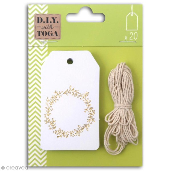 Set étiquettes blanches et ficelle twine Toga - Couronne de fleurs dorée - 20 pcs - Photo n°1