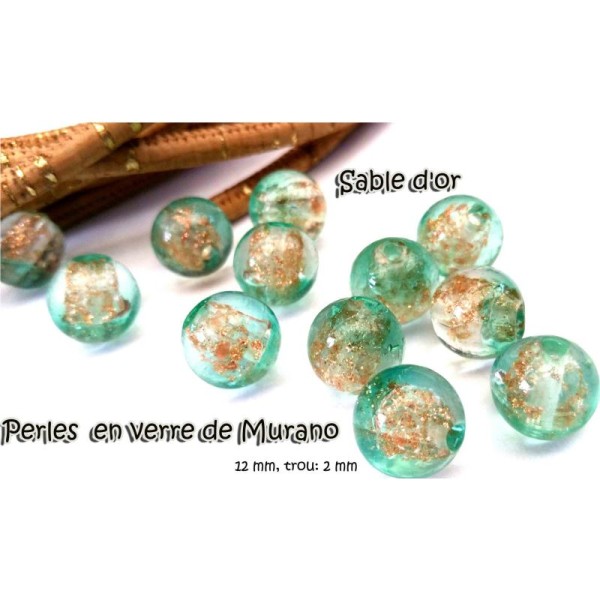 Perles en verre x 5 pcs Murano, Sable d'or 12 mm mint - Photo n°1