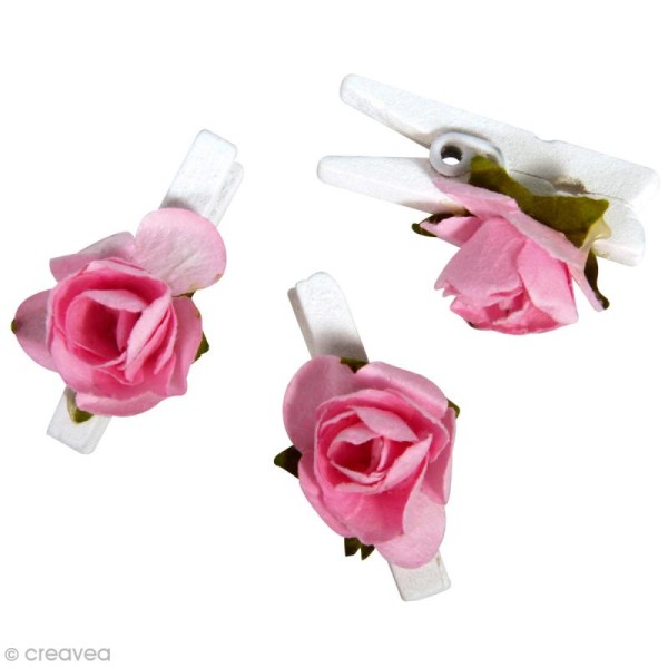 Pince en bois avec rose en papier Rose clair x 12 - Photo n°1
