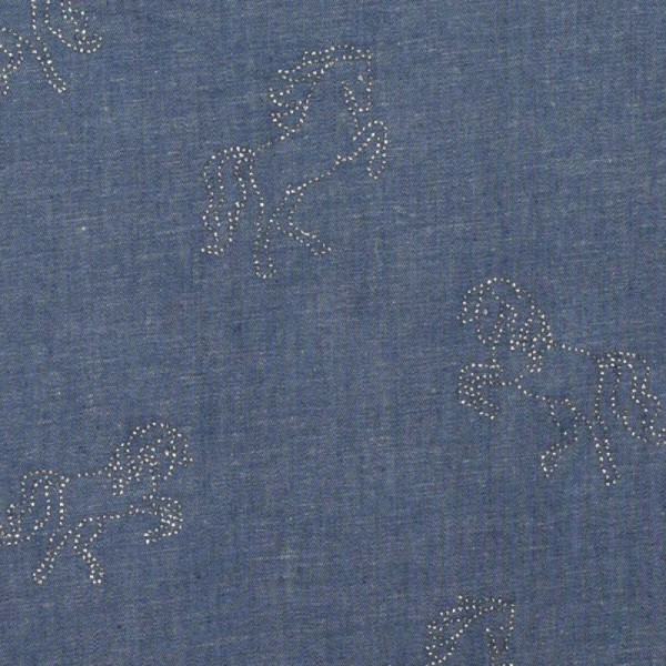 Tissu chambray coton & strass cheval - Bleu & argent - Photo n°1