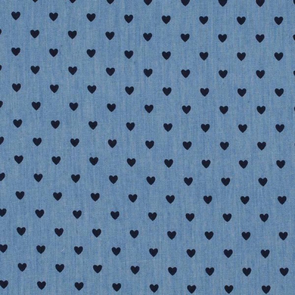 Tissu coton fin aspect jean coeur - Bleu - Photo n°1