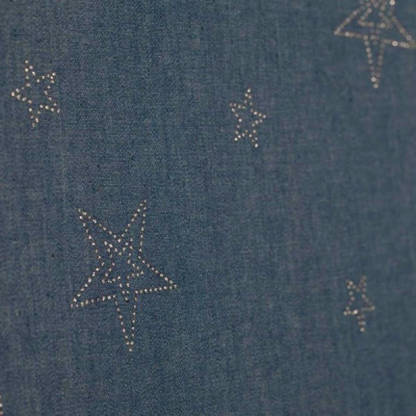 Tissu chambray coton & strass étoiles - Bleu & argent - Photo n°1