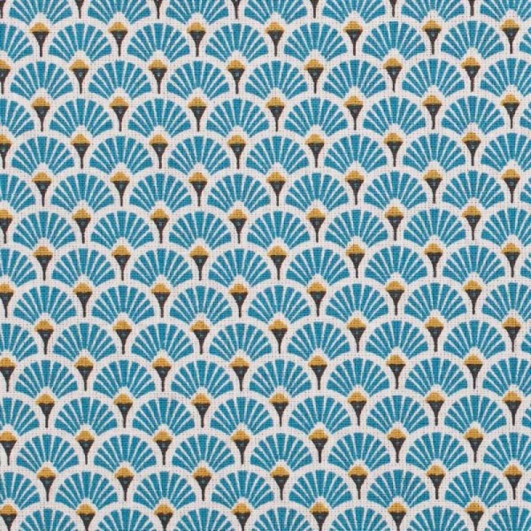 Tissu coton cretonne éventails dorées - Bleu - Oeko-Tex® - Photo n°1