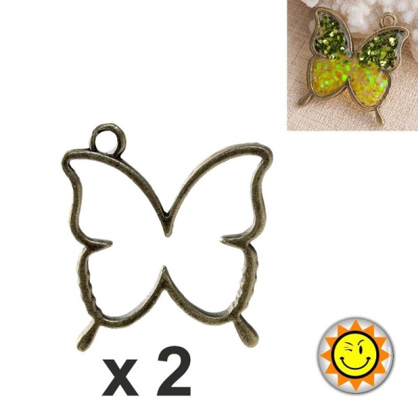 X2 Pendentif Cadre Pour Resine Fimo Polymere Papillon Bronze - Photo n°1