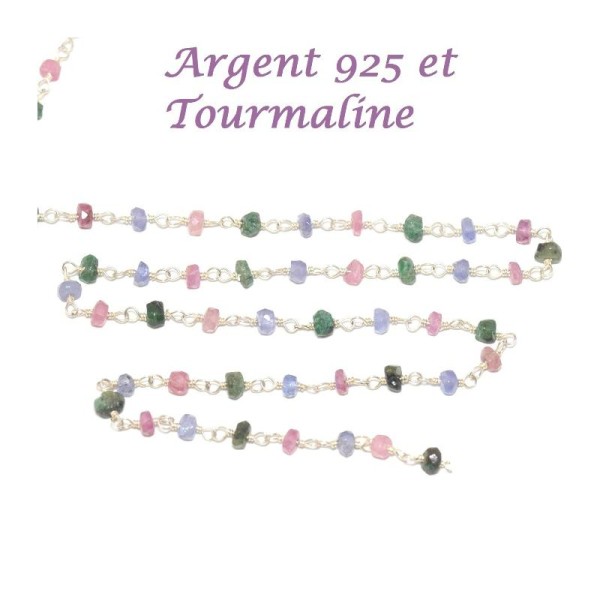 10 Cm - Chaine Argent 925 Et Pierre Semi Précieuse Tourmaline -3  Mm - Photo n°1