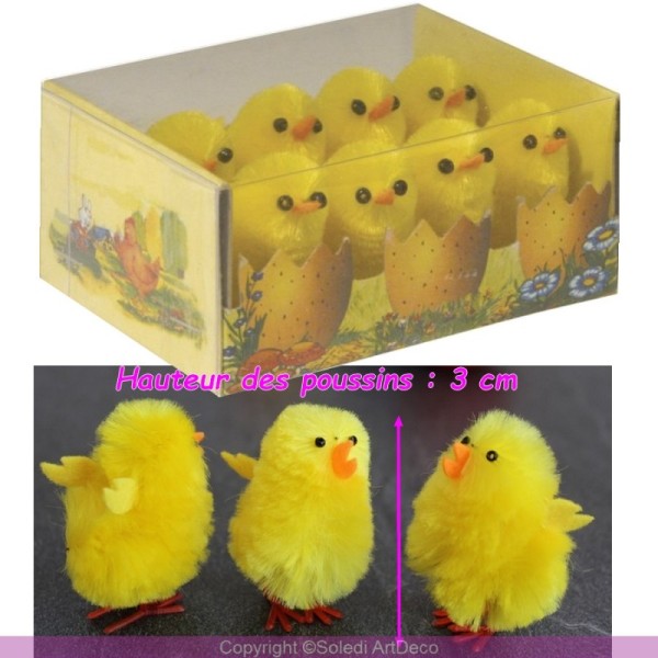 Lot de 8 Petits Poussins de Pâques en chenille de soie jaune, hauteur 3cm, dans une boite en PVC - Photo n°1