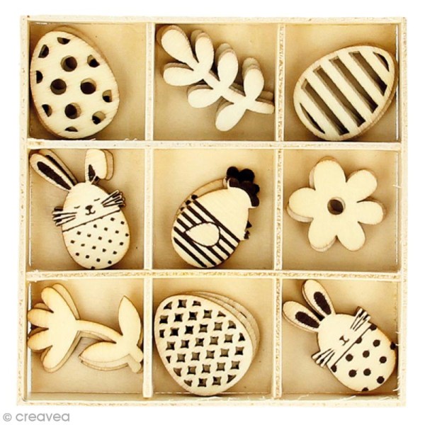 Boîte bois ornement Pâques - lapins oeufs (27 pièces) d'Artemio