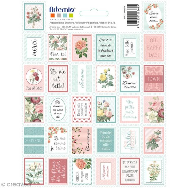 Stickers timbre décoratifs Jardin secret - 3,3 x 2,7 cm - 64 pcs - Photo n°1