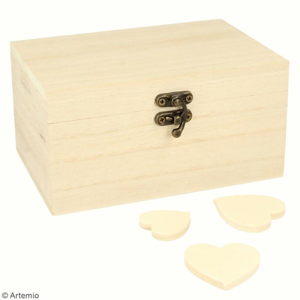 Petite boîte coffre et coeurs en bois à décorer - 15 x 10 x 8 cm - 54 pcs - Photo n°2