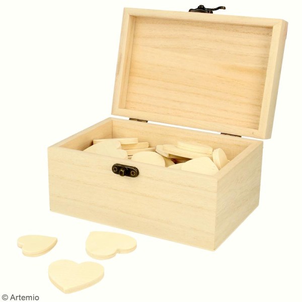 Petite boîte coffre et coeurs en bois à décorer - 15 x 10 x 8 cm - 54 pcs - Photo n°4