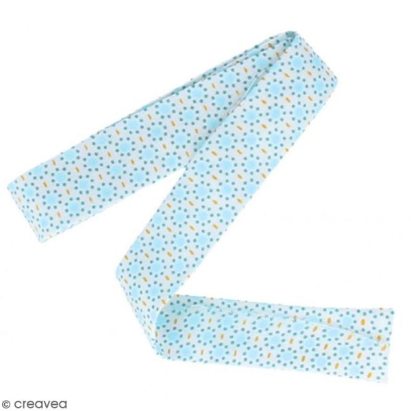 Coupon de biais Crafty cotton - Ronds bleus sur fond blanc - 20 mm x 3 m - Photo n°1