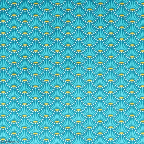 Coupon de tissu Toile cirée Crafty cotton - Fleurs géométriques - Fond Bleu pétrole - 45 x 55 cm - Photo n°2
