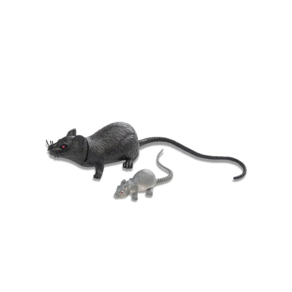 Un petit rat gris et un rat noir en plastique ressemblent aussi à des souris - Photo n°1