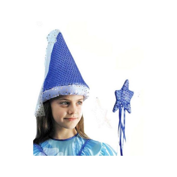 Chapeau de fée bleu lamé et paillettes avec voile comme au Moyen - Photo n°1