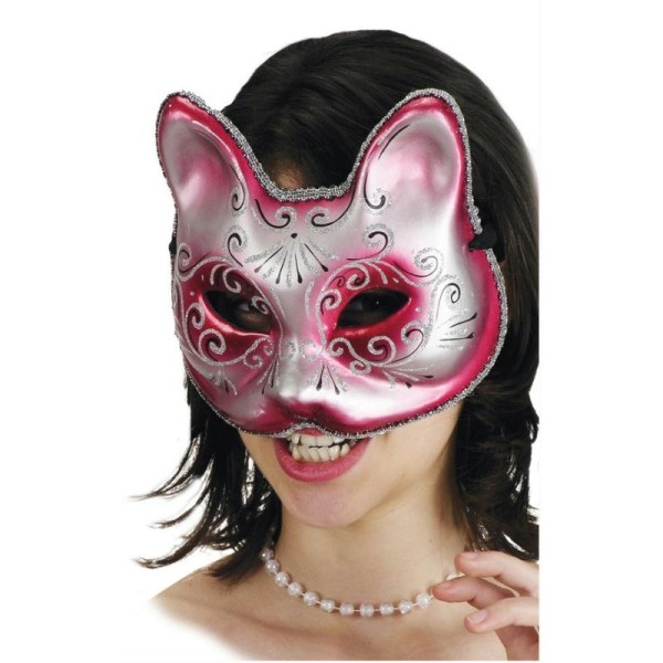 Masque de chat rose fuchsia avec volutes et paillettes argent - Photo n°1
