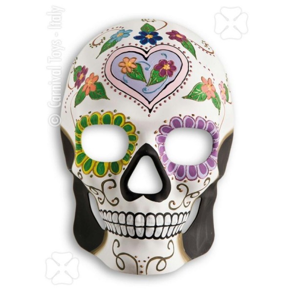 Masque crâne blanc décor squelette mexicain coeur parme - Photo n°1