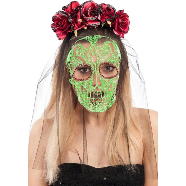 Masque en voile noir avec décor squelette mexicain phosphorescent DOD avec diadème en fleurs rouges - Photo n°1