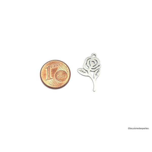2 Breloques Fleur Rose Argenté En Acier Inoxydable - Photo n°2