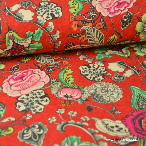 Tissu cretonne coton imprimé fleurs sur fond Rouge x1m - Photo n°1