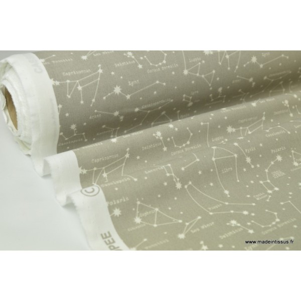 Tissu cretonne coton imprimé étoiles et constellations fond Gris x1m - Photo n°1