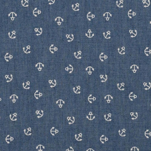 Tissu chambray coton ancres - Bleu moyen - Photo n°1