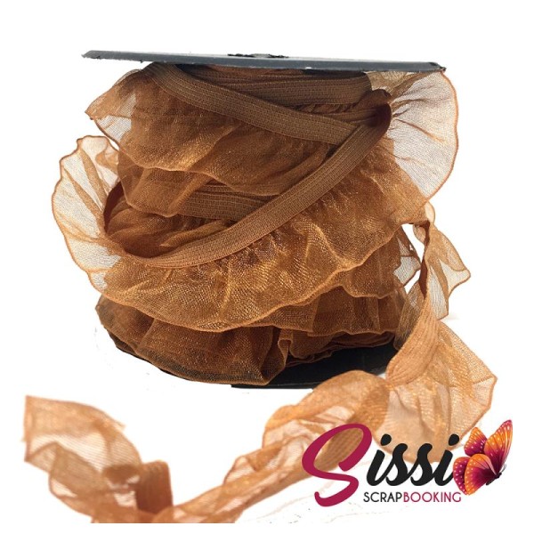 1M RUBAN GALON DENTELLE marron clair gaz de ruche froufrou élastique couture lingerie 19mm - Photo n°1