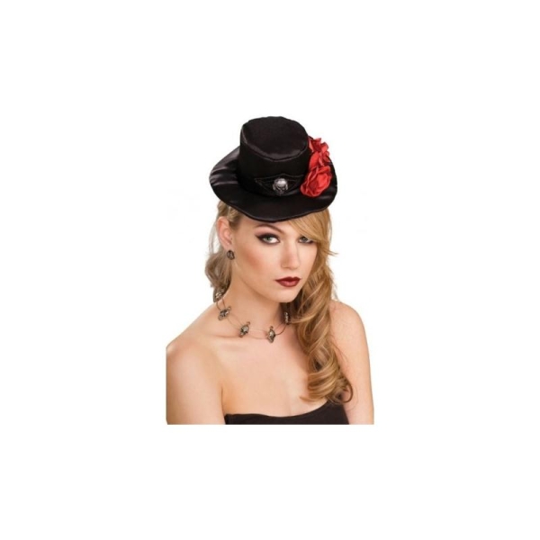 Mini Chapeau Haut de Forme Gothique Noir Avec Roses - Photo n°1