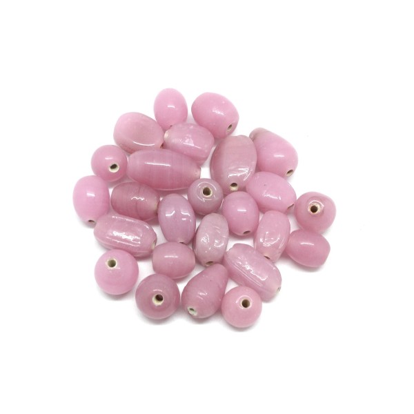 25 Perles En Verre Assorties Ovale, Ronde Toupie De Couleur Rose - Photo n°1