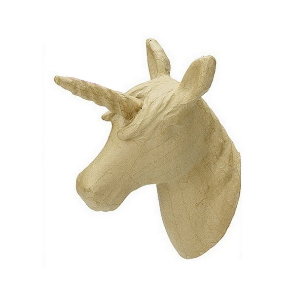 Trophée tête de Licorne, figurine en papier mâché, 21 x 26 x 11,5 cm, cheval à corne à customiser - Photo n°1