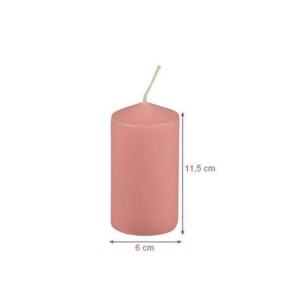 Bougie cylindrique couleur Rose, diam. 6cm x h.11,5 cm, durée de vie environ 25h - Photo n°1