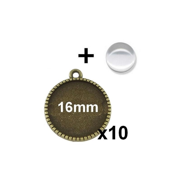 10 Supports Pendentif Bronze Avec Cabochon Verre 16mm Mod640 - Photo n°1