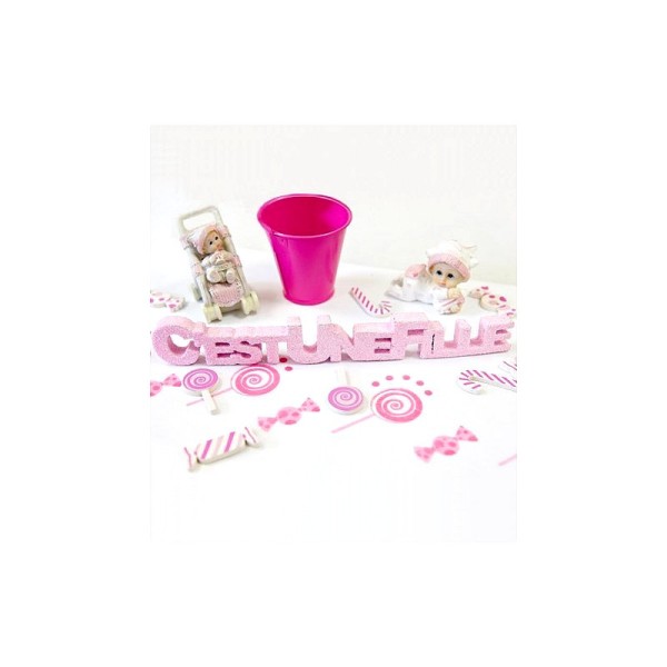 Déco de table Rose pailletée C'est une Fille, 18 x 2,5 cm, matière caoutchouc, babyshower - Photo n°2