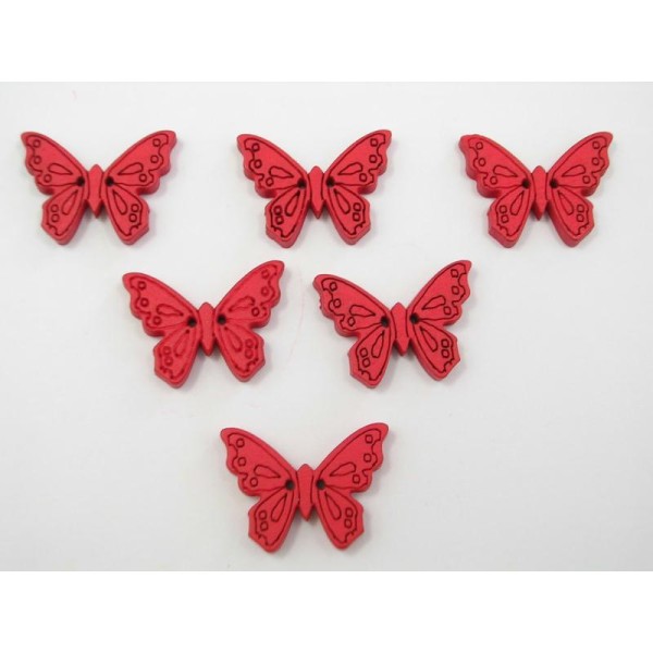 LOT 6 BOUTONS BOIS : papillon rouge 24mm - Photo n°1