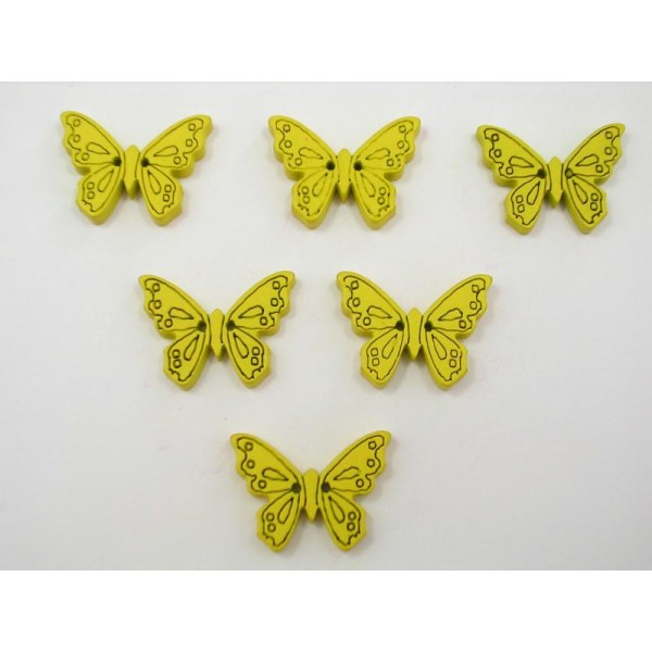 LOT 6 BOUTONS BOIS : papillon jaune 24mm - Photo n°1