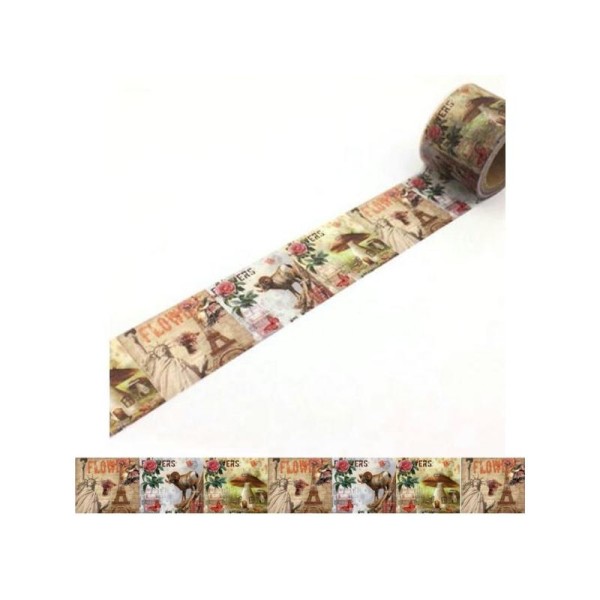 Washi Tape ruban adhésif scrapbooking 3 cm x 5 m VINTAGE FLEUR CHAMPIGNON ANIMAL - Photo n°1